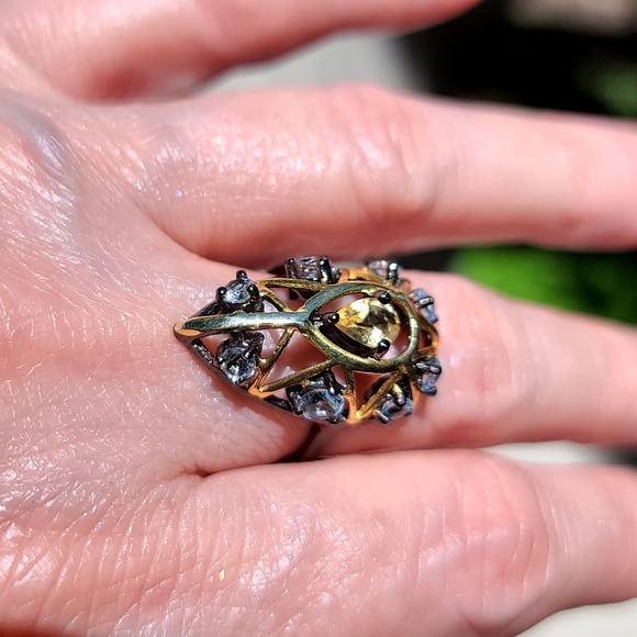Citrine & Topaz Sterling Rhodium & Gold Art Deco ring sz6.5 - Picture 8 of 15